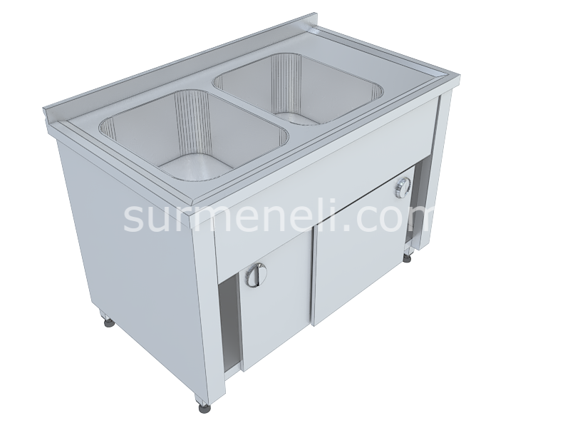 Dolaplı Taban Raflı Çift Evyeli Çalışma Tezgahları 70'lik 304 KALİTE PASLANMAZ