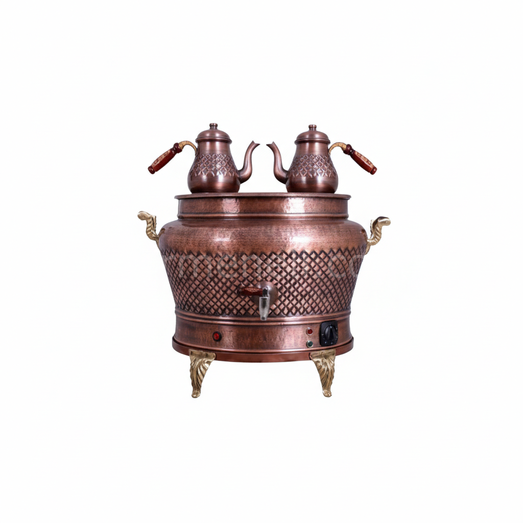 Otantik Oval Bakır Semaver 2 Demlikli Elektrikli