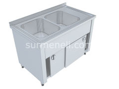 Dolaplı Taban Raflı Çift Evyeli Çalışma Tezgahları 60'lık 304 KALİTE PASLANMAZ