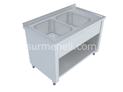 Üç Tarafı Kapalı Taban Raflı Çift Evyeli Çalışma Tezgahları 60'lık 304 KALİTE PASLANMAZ