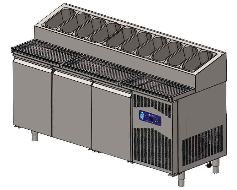 CS.TEK.3.700.KMPK CSA İNOX - UC KAPILI KIRINTILIK CEKMECELI PIZZA HAZIRLIK DOLABI 304 KALITE 1880*700*1090